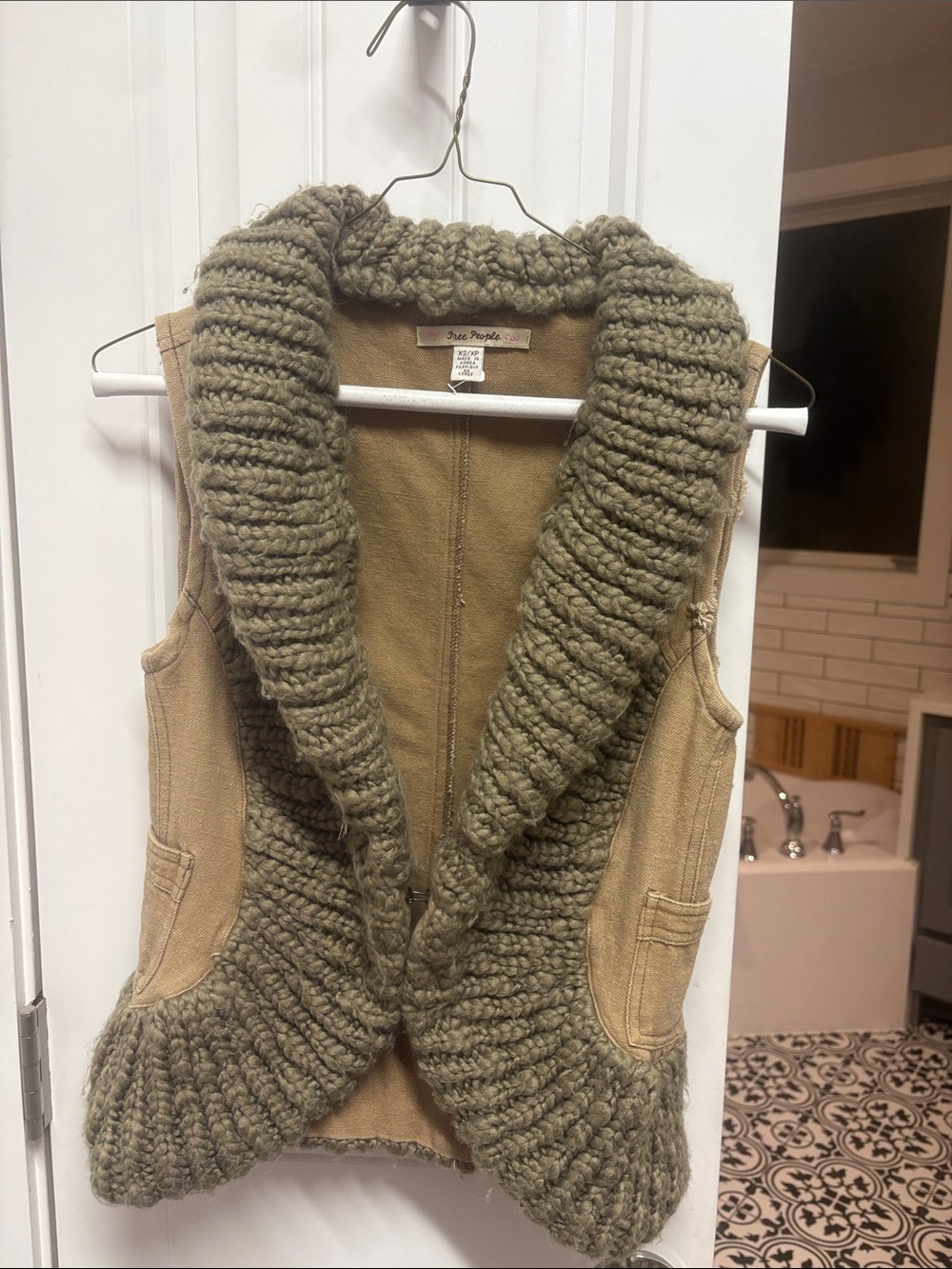 Free People Olive-Tan Knit-Trim Sleeveless Vest